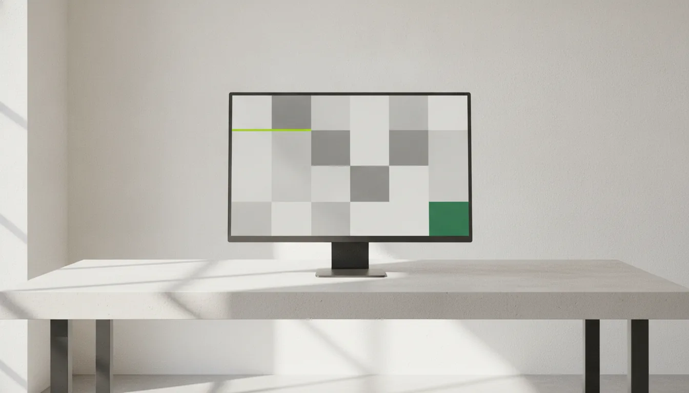 A monitor on a pale desk in bright daylight, its screen showing an abstract arrangement of grey blocks with one chartreuse bar.
