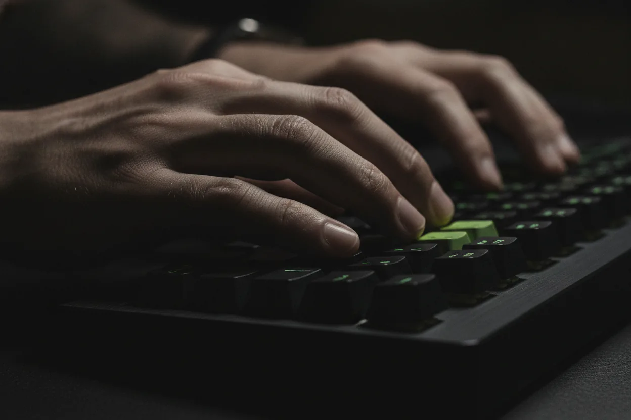 Close-up of two hands resting on a dark mechanical keyboard, one key lit chartreuse.