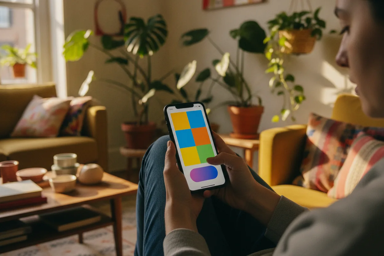 Close-up of hands holding a phone showing a shopping app at very large text size, in a colourful living room.