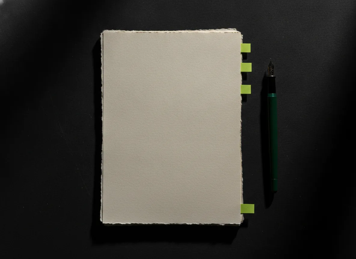 A stack of thick deckle-edged paper on a black surface, marked with chartreuse index tabs and a dark green fountain pen.