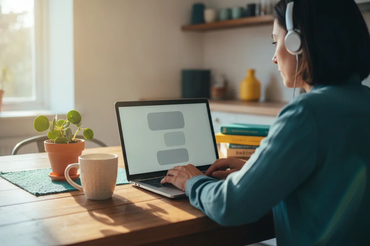 A person in headphones working at a laptop at a sunlit kitchen table, hands on the keyboard.