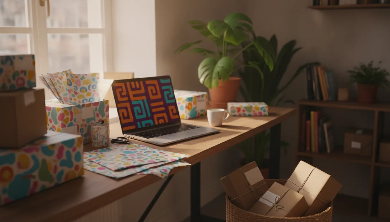 A small-business packing bench with colourful boxes, tissue paper, parcels and an open laptop.