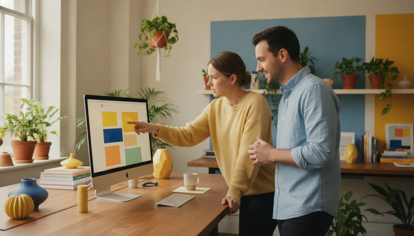 Two colleagues standing at a bright desk, reviewing a website together on a large monitor.