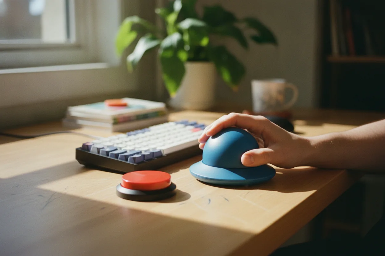 An adaptive pointing device and a large red switch button on a sunlit desk beside a keyboard.