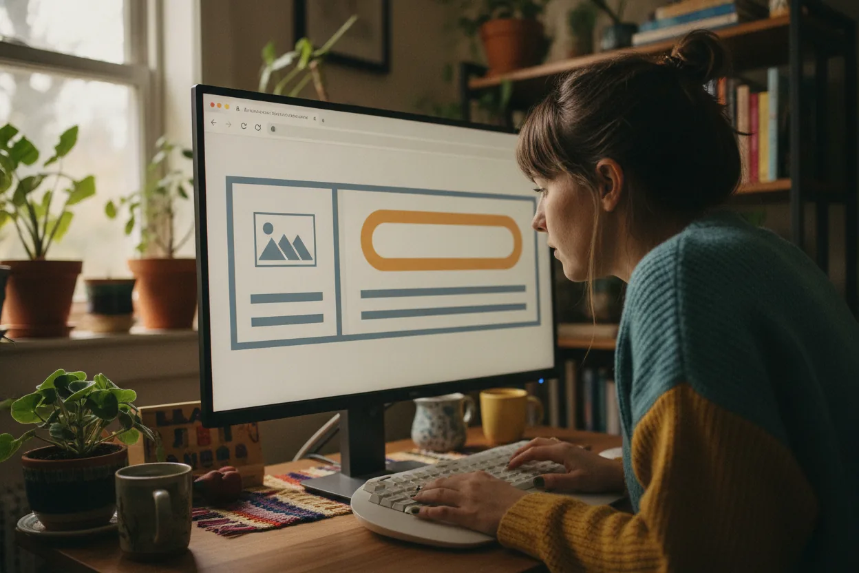 A woman leaning in toward a monitor showing a web page magnified several times, so a single button and one product block fill the screen.